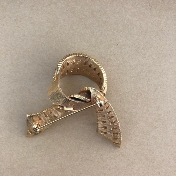Vintage Rhinestone Goldtone Ribbon Brooch - Picture 2 of 2